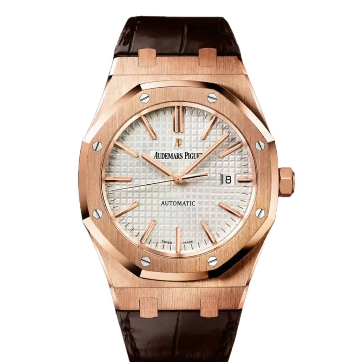 Audemars Piguet Royal Oak Selfwinding 15400OR Rose Gold Silver Dial Alligator Strap Super Clone