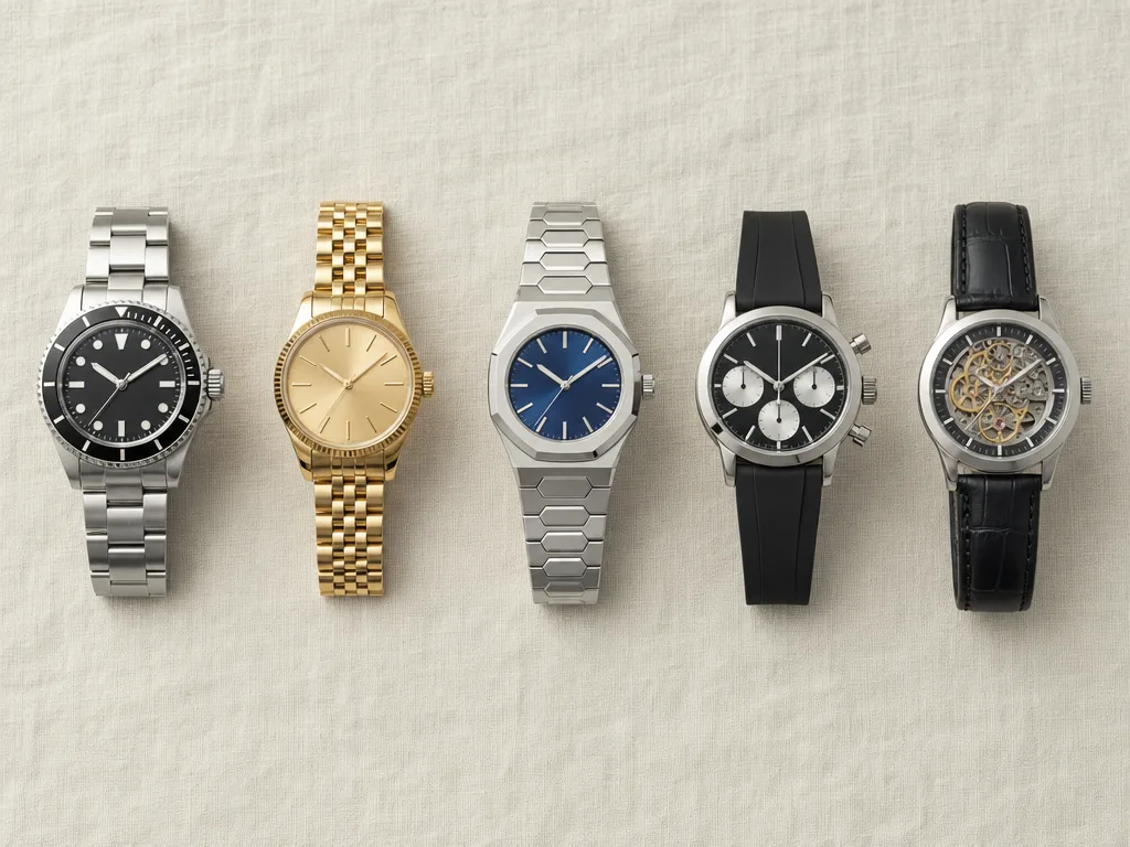 Illustration: five different wristwatches on a linen surface
