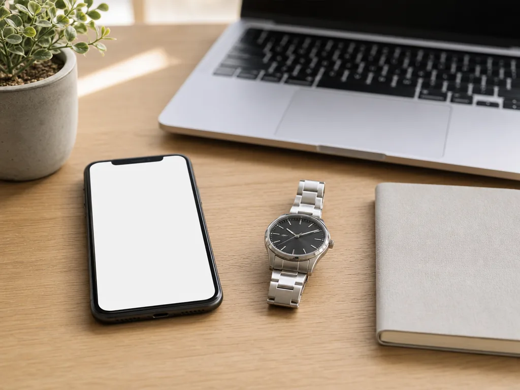 Illustration: a phone, a notebook and a watch on a desk