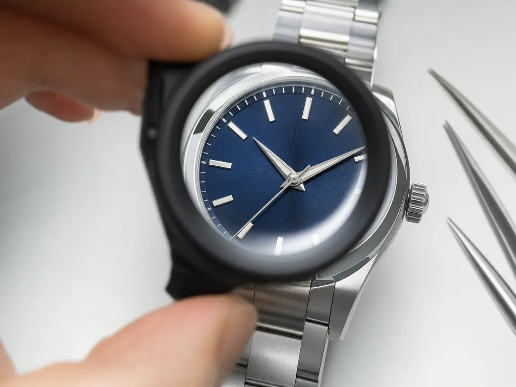 Illustration: a loupe over a steel watch with a blue dial