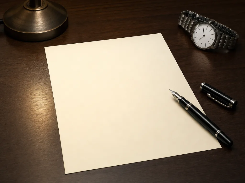 Illustration: a blank sheet of paper, a pen and a watch