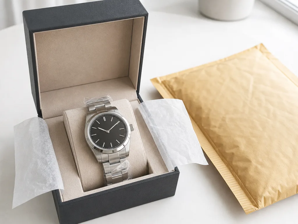 Illustration: a watch in its box, ready to send back