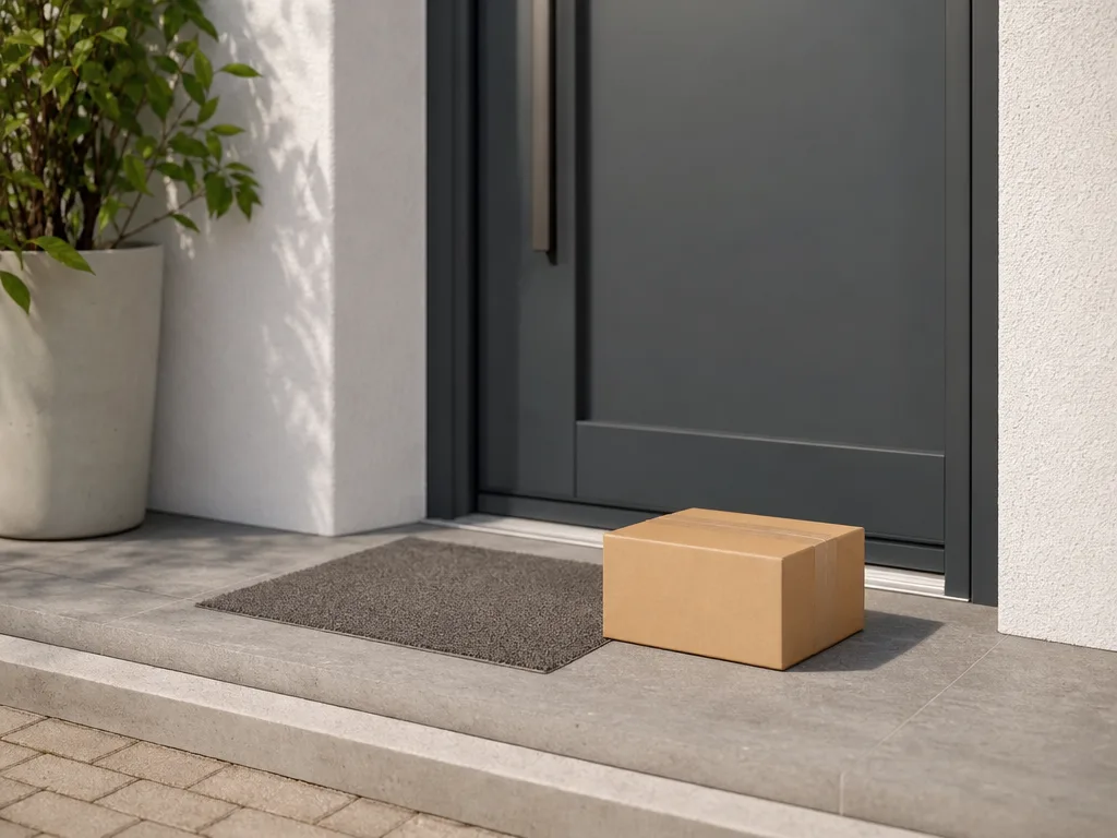 Illustration: a sealed parcel at an apartment door