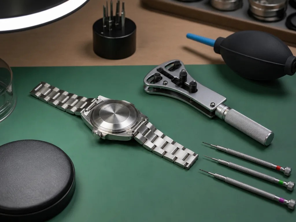 Illustration: a watch and service tools on a bench mat